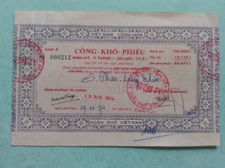 S.  Vietnam National Treasury Bill 1974 100,  000 Cash Very Fine 11x18 photo