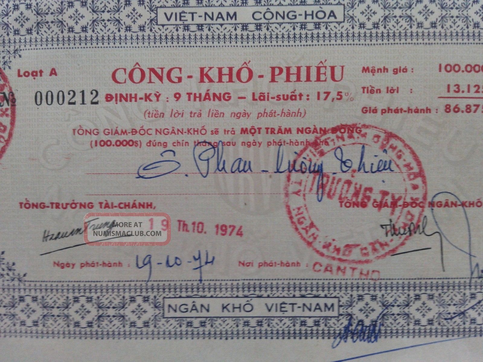 S Vietnam National Treasury Bill 1974 100 000 Cash Very Fine 11x18