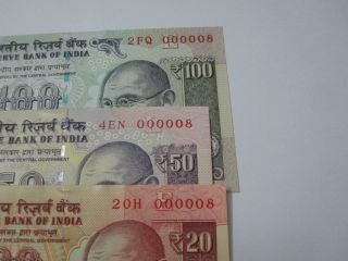 Rs.  20,  50 & 100 - Fancy Low Serial Number 000008 In 3 Denominations photo