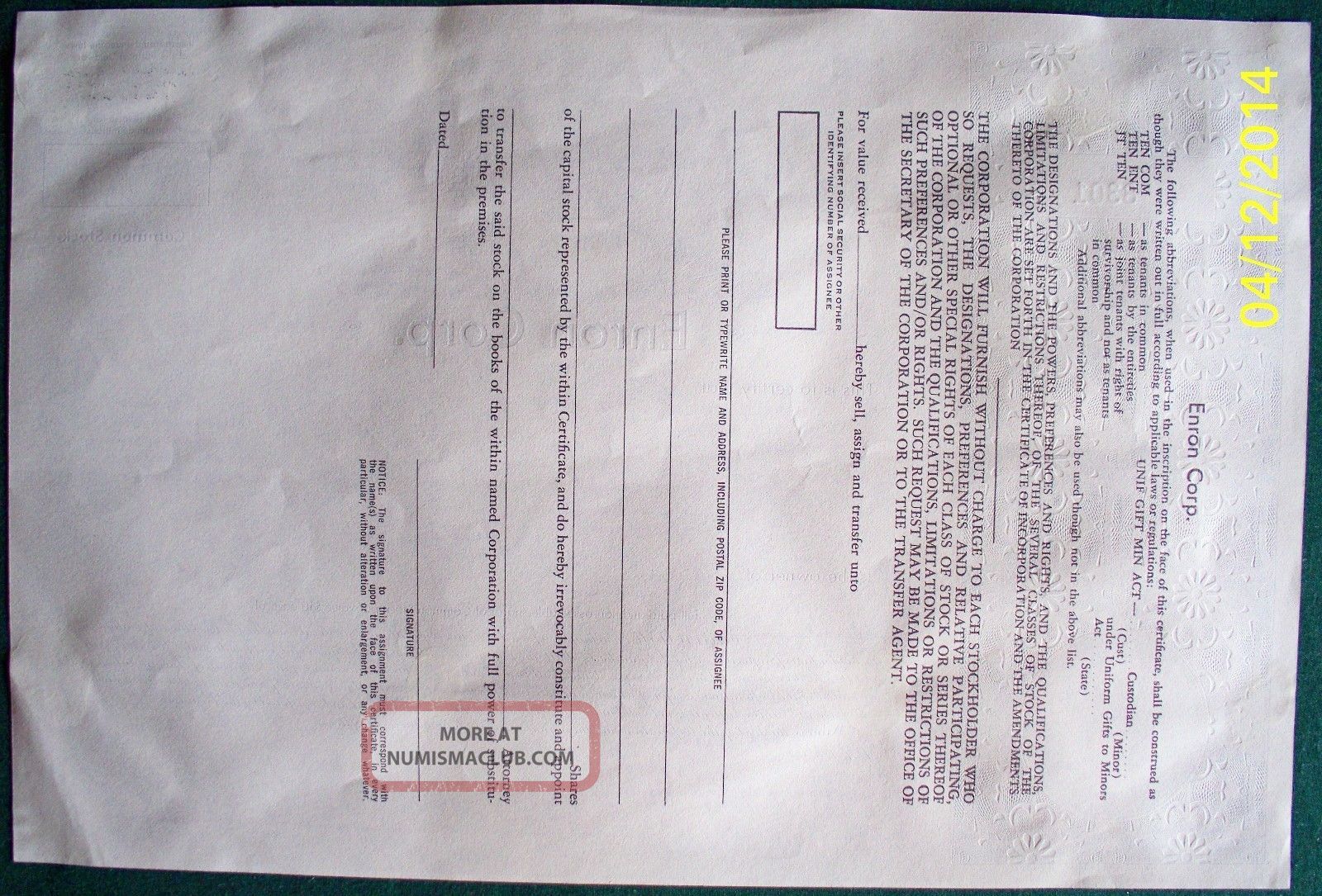 Enron Corporation Stock Certificate Authentic 4 Shares Dated 1998