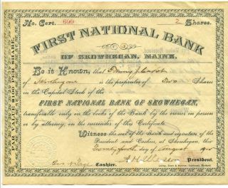 1905 Stock Certificate First National Bank Of Skowhegan,  Maine photo