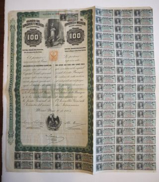 Banco De Londres Y Mexico Victoria Queen 100$ Green 1905 With 66 Coupons. photo