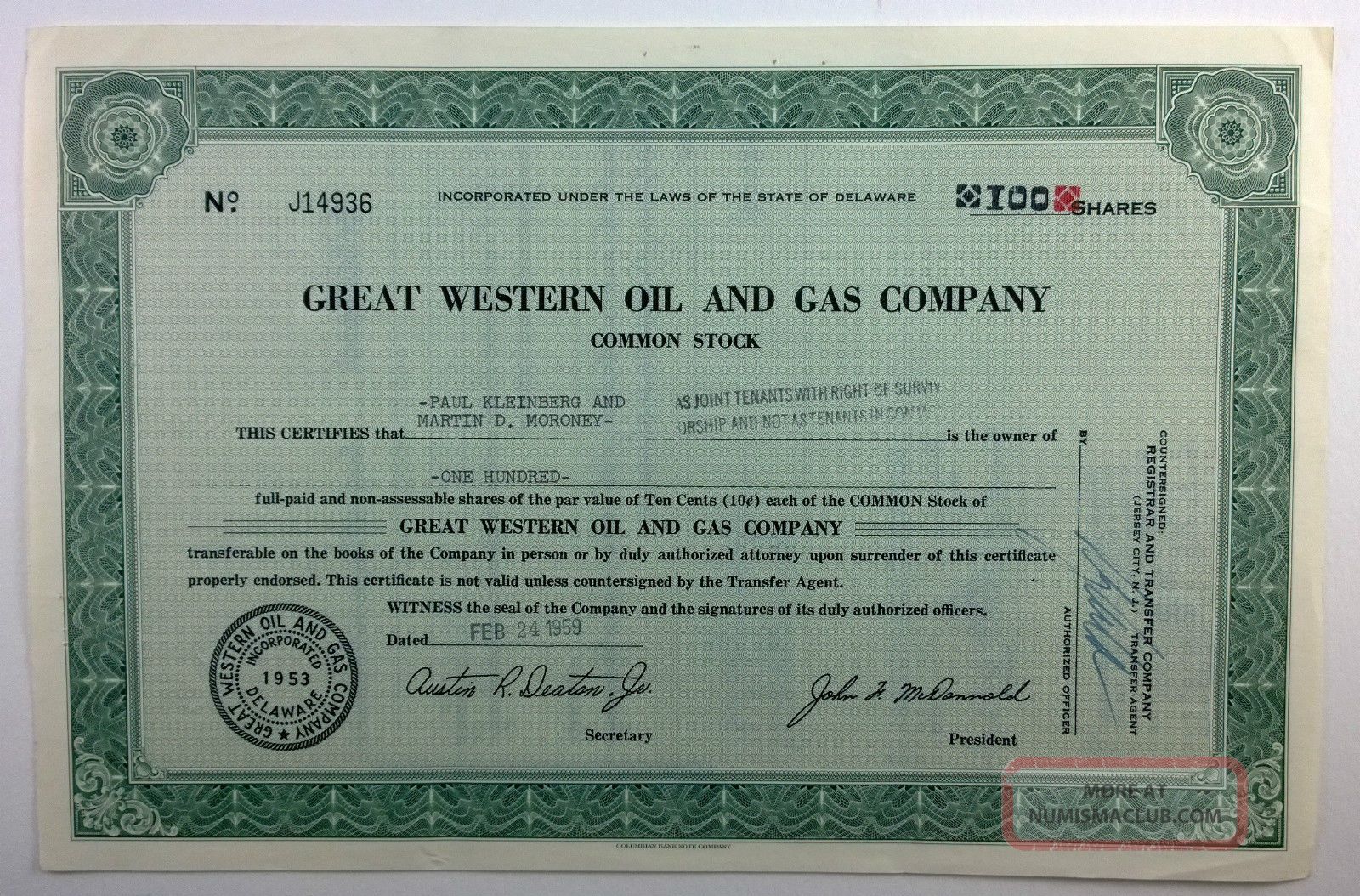 Great Western Oil And Gas Company Stock Certificate Delaware 1959