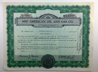 Mid American Oil And Gas Co. ,  Stock Certificate,  Illinois 1957 photo