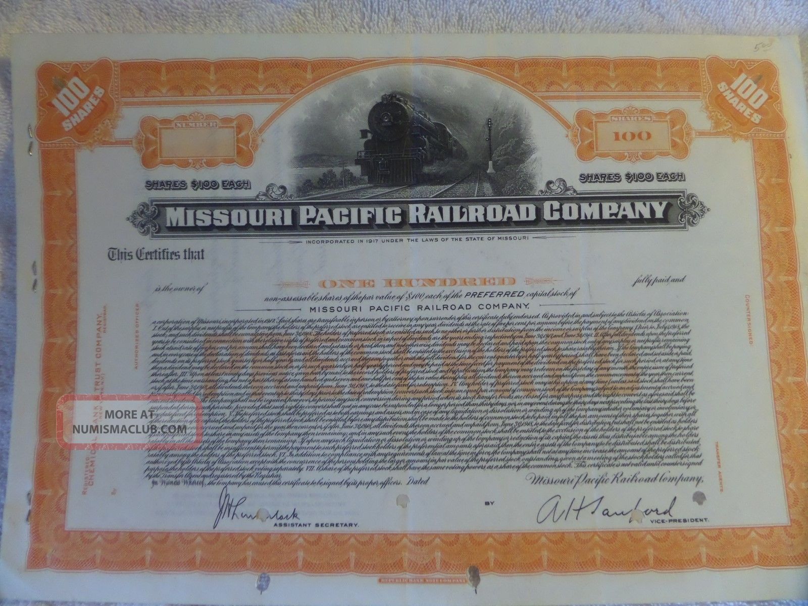 Missouri Pacific Railroad Company Stock Certificate Specimen 1917 Transportation photo