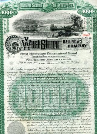 1885 West Shore Railroad Usa $1000 Green With Coupons photo
