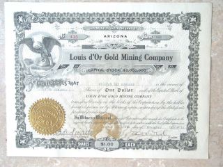 Stock Certificate 500 Shares Louis D ' Or Gold Mining Co Arizona 1912,  Crisp Paper photo