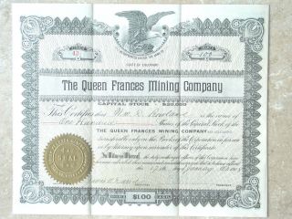 Stock Certificate 100 Shares Queen Frances Mining Colorado 1908,  Crisp Paper photo