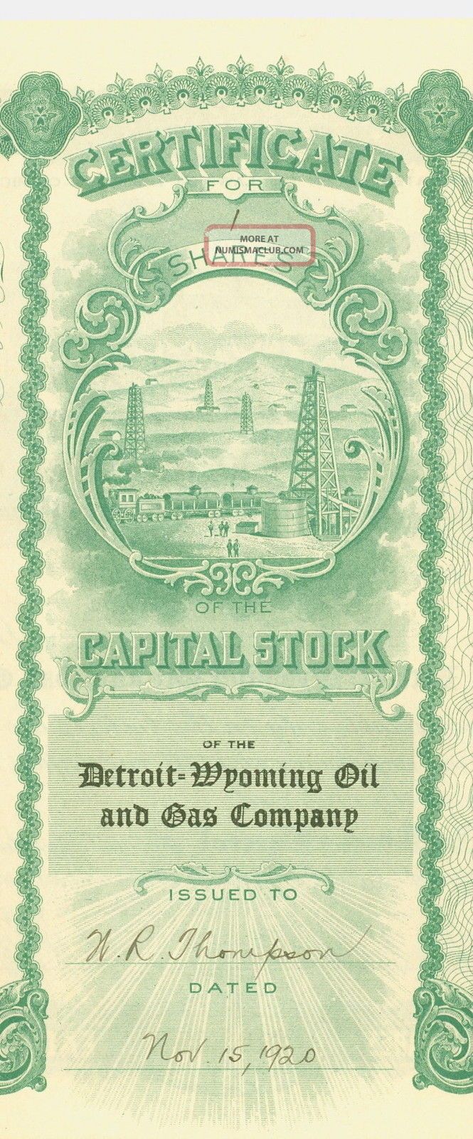 1920 Stock Certificate Detroit Wyoming Oil And Gas Company