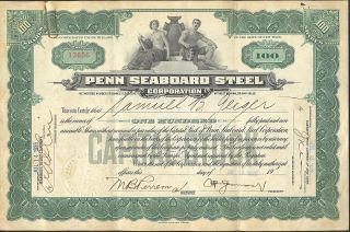 Penn Seaboard Steel 1926 Stock Certificate For 100 Shares photo