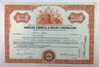 Montana Chemical & Milling Corporation,  Stock Certificate,  Delaware,  1956 photo
