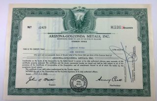 Arizona - Golconda Metals,  Inc. ,  Stock Certificate,  Delaware,  1955 photo