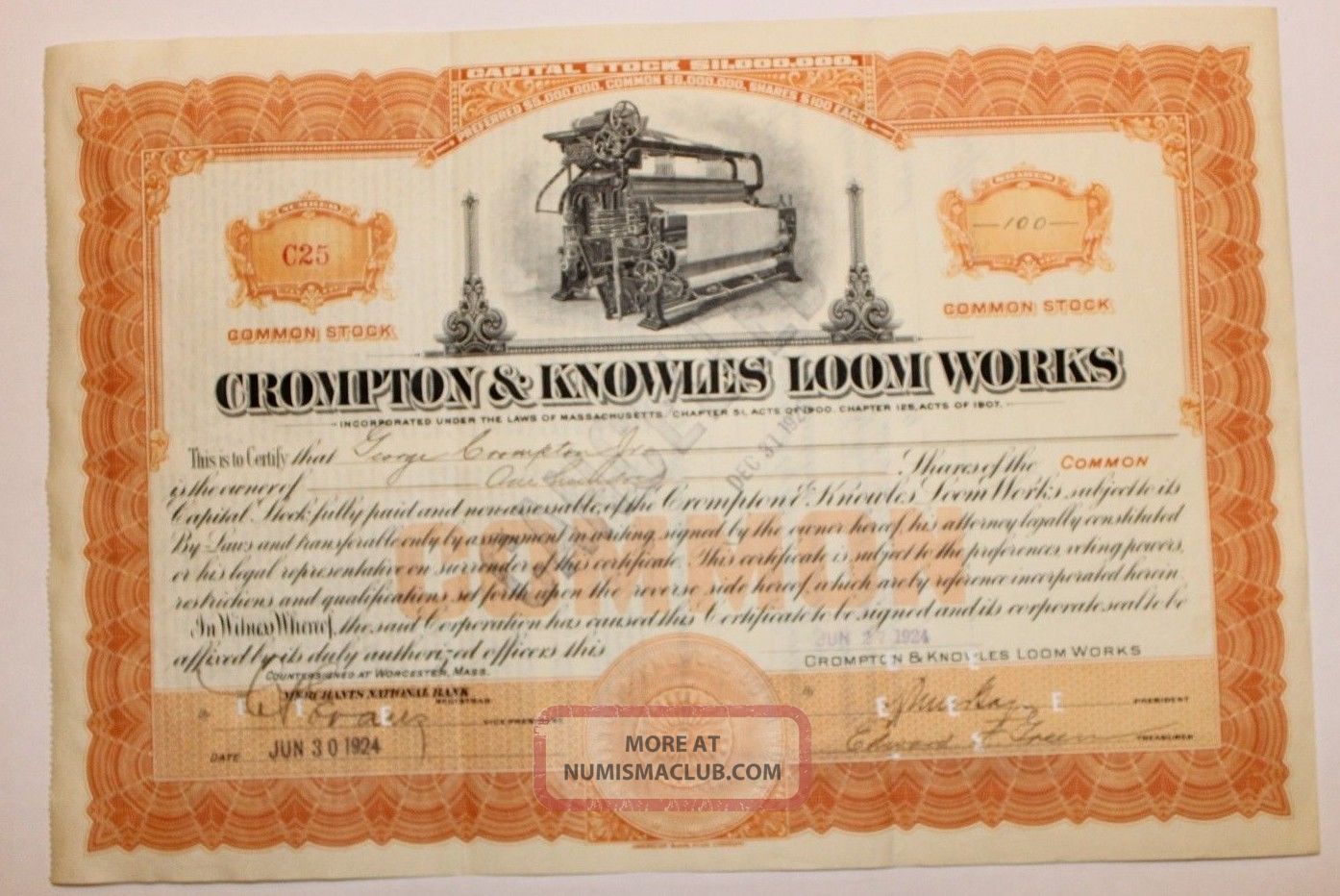 1924 Crompton & Knowles Loom Stock Certificate Low Serial 25 Unique Vig Stocks & Bonds, Scripophily photo