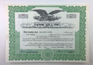 Canoe Hill,  Inc. ,  500 Share Stock Certificate,  York 1969 photo