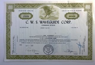 C.  W.  S.  Waveguide Corp. ,  Common Stock Certificate,  1961,  Delaware photo