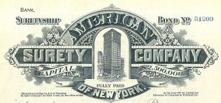 1911 American Surety Company Of York $2,  500 Bond Stock Certificate Bank photo
