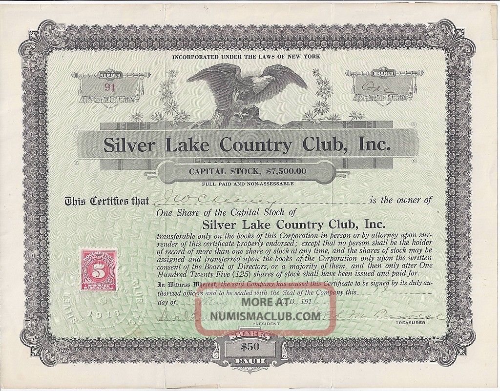 Silver Lake Country Club Stock Certificate,  1916,  Perry,  York Country Club Stocks & Bonds, Scripophily photo
