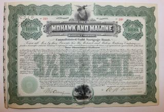 1902 Mohawk & Malone Railway $1000 Bond Certificate R171 Revenue York Type 1 photo