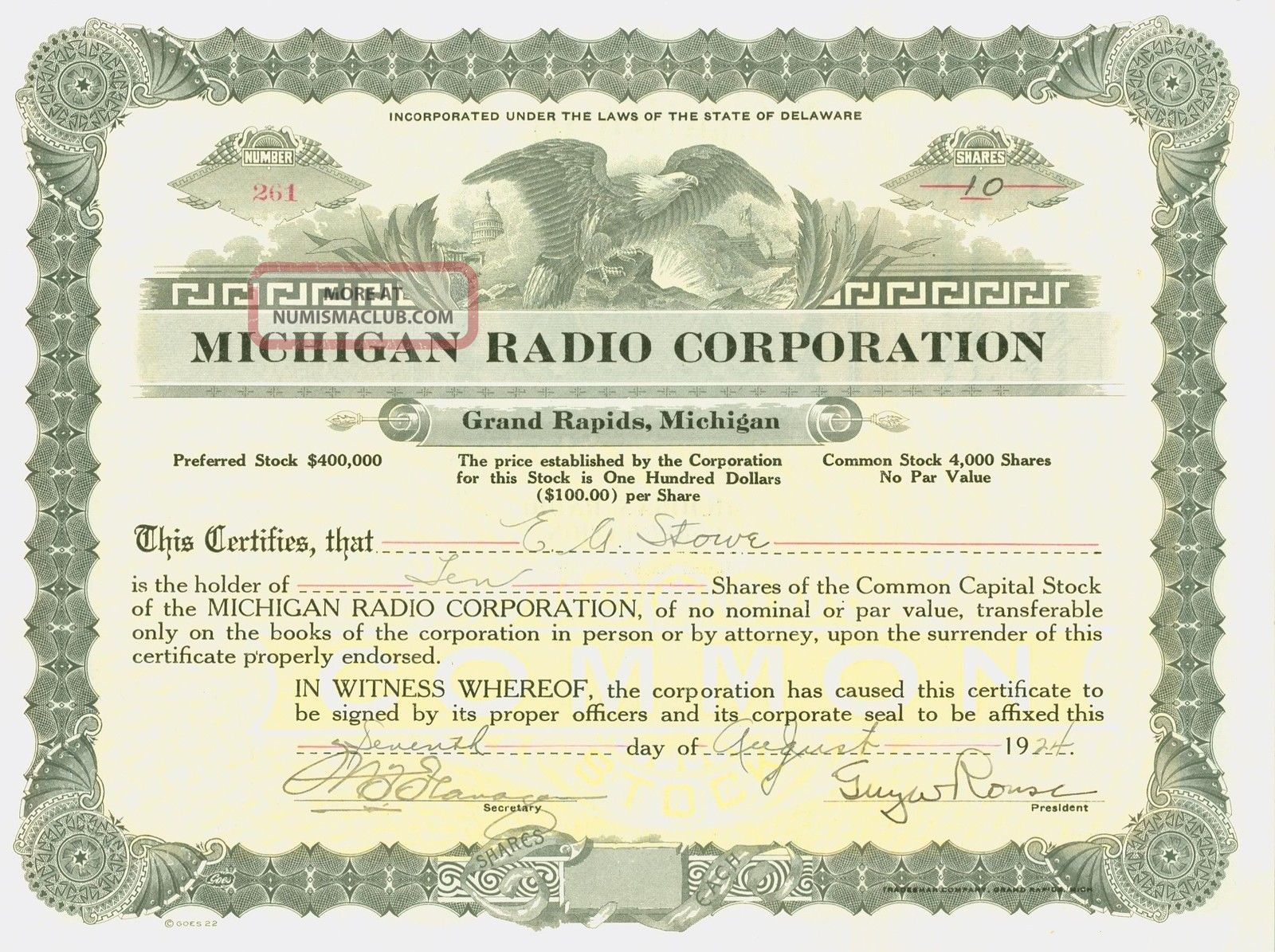 1924 Stock Certificate Michigan Radio Corporation Grand Rapids