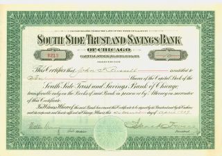 1929 Stock Certificate - South Side Trust And Savings Bank Of Chicago photo