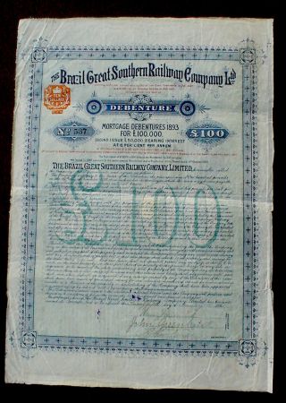 Brazil Great Southern Railway Debenture 100 P Sterling Bond 1898 Uncan,  Coupons photo