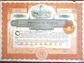 Stock Certificate 100 Shares Oklahoma Oil Co Preferred 1918,  Crisp,  Dutch Stamp photo
