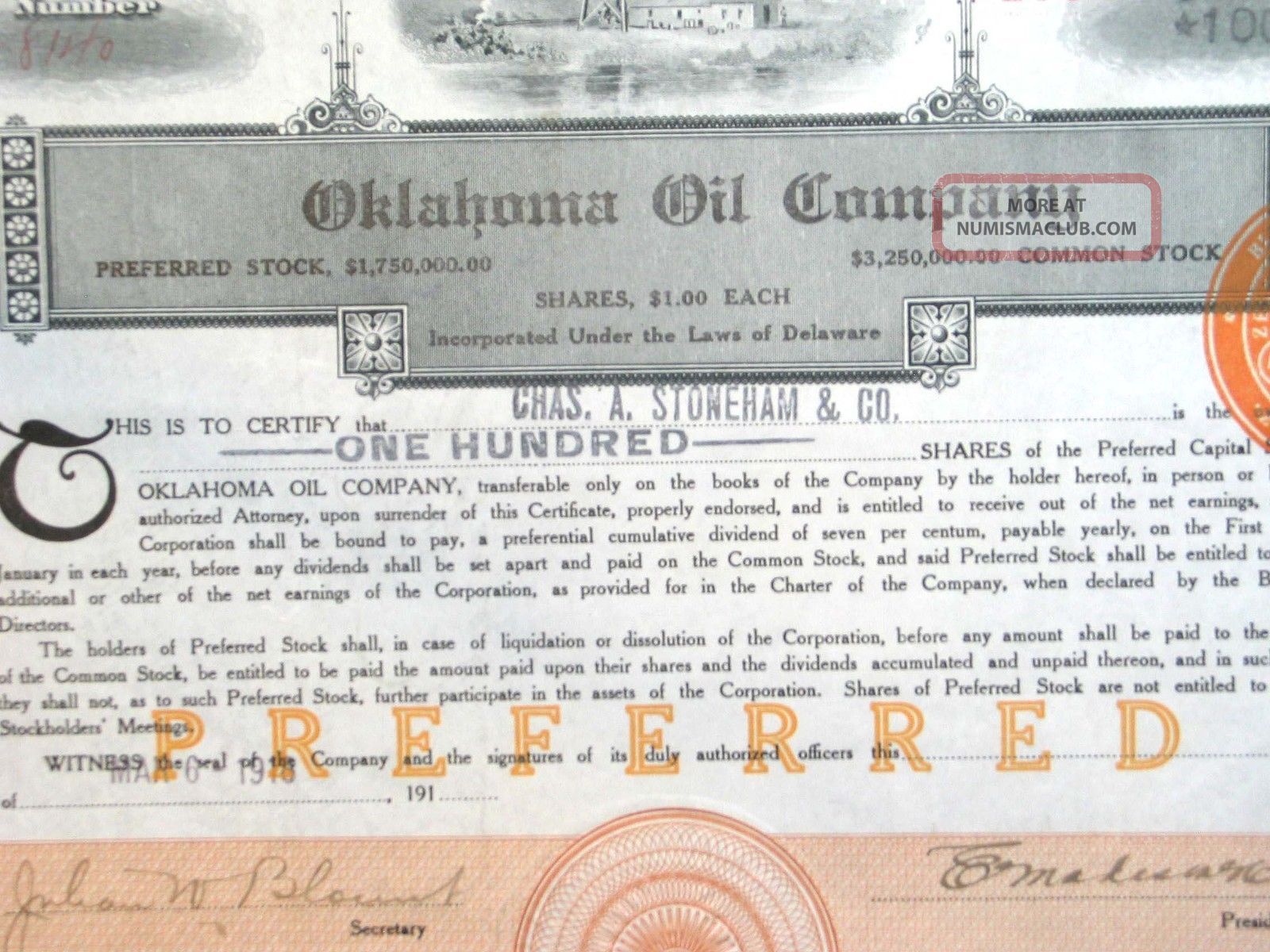 Stock Certificate 100 Shares Oklahoma Oil Co Preferred 1918, Crisp, Dutch Stamp