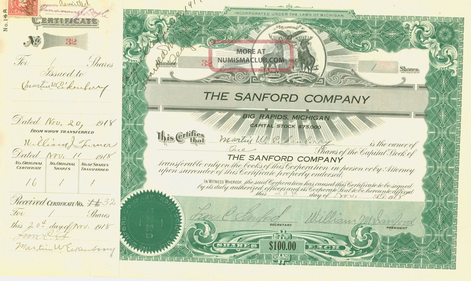1918 Stock Certificate - The Sanford Company - Big Rapids,  Michigan Stocks & Bonds, Scripophily photo