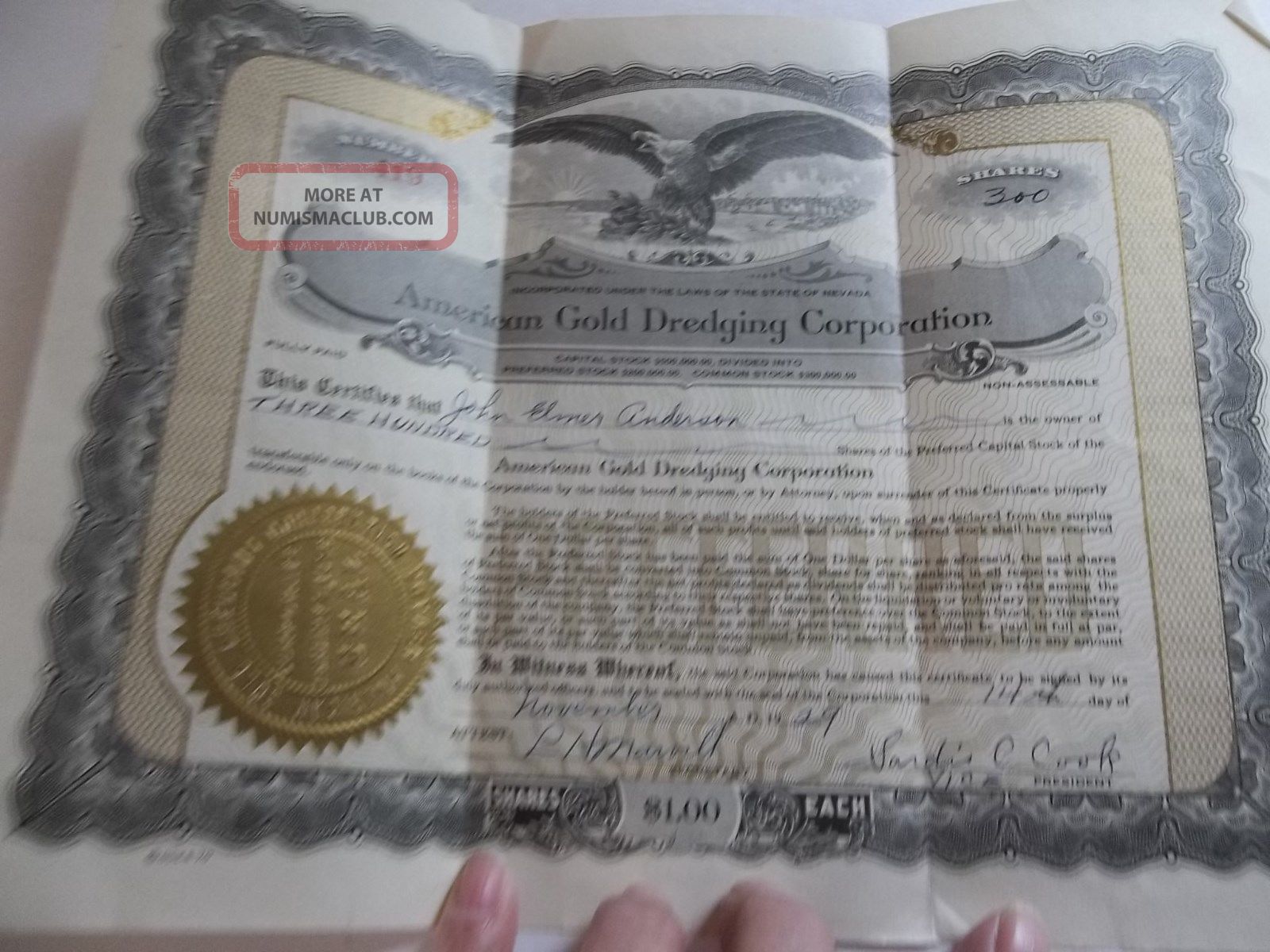 American Gold Dredging Corp 1929 Preferred Stock Certificate 419 Stocks & Bonds, Scripophily photo