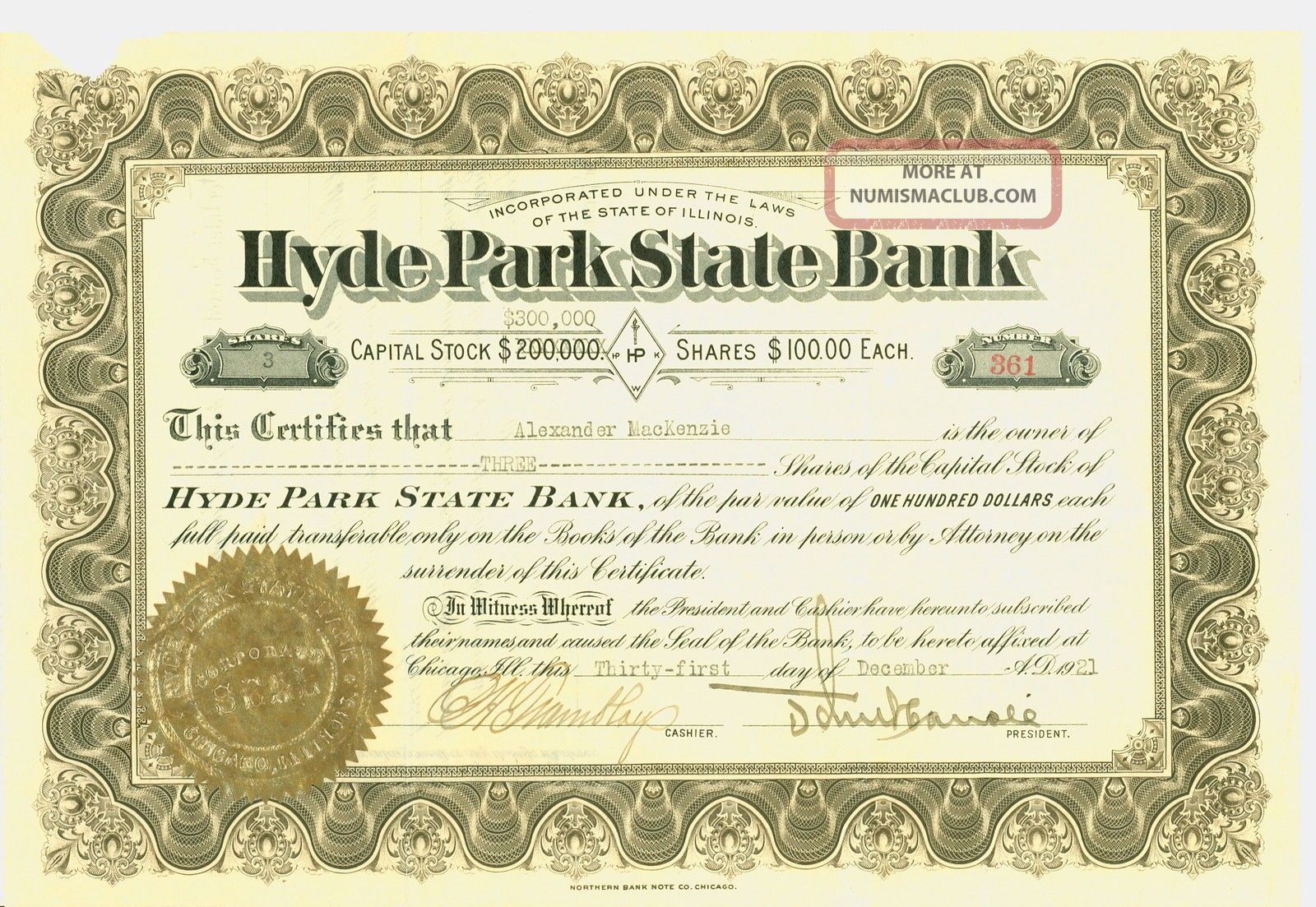1921 Stock Certificate - Hyde Park State Bank Stocks & Bonds, Scripophily photo