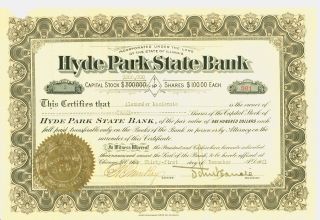 1921 Stock Certificate - Hyde Park State Bank photo