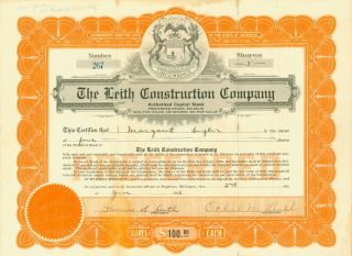 1926 Stock Certificate - The Leith Construction Company - Brighton,  Michigan photo