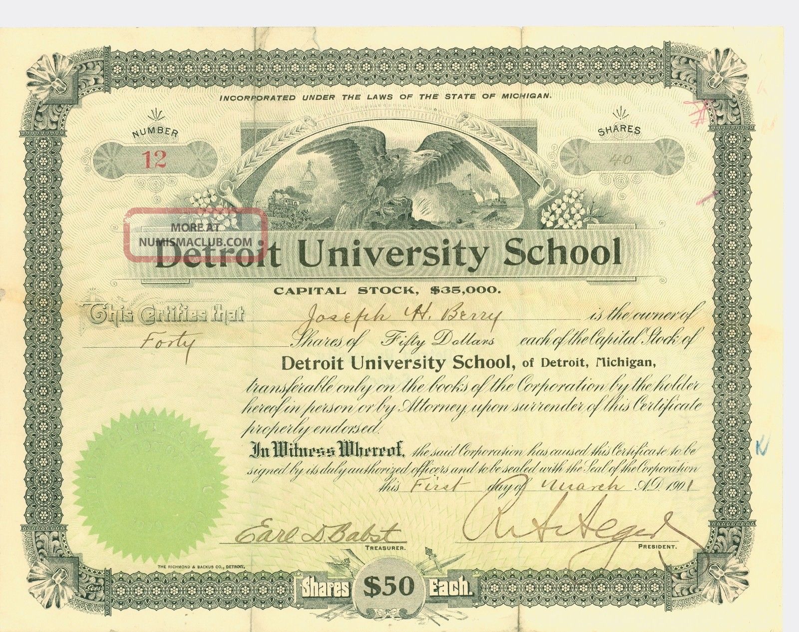 Vintage Stock Certificate - Detroit University School Stocks & Bonds, Scripophily photo