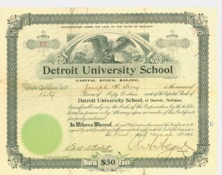 Vintage Stock Certificate - Detroit University School photo