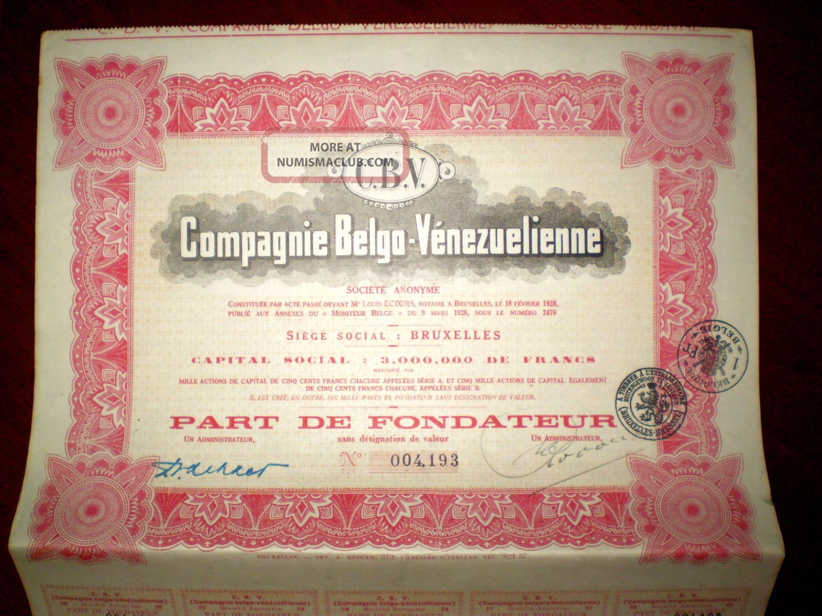 Venezuela - Belgium Compagnie Belgo - Vénezuelienne 1928,  Share Certificate World photo