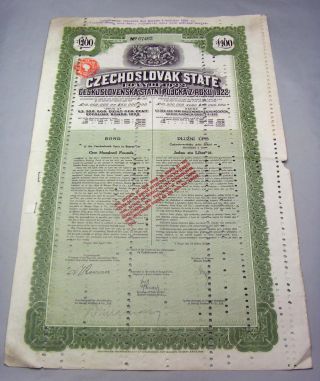 100 Pounds Czechoslovak State Loan 1922 photo