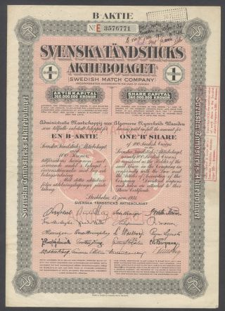 Sweden 1931 Bond With Coupons Svenska Tandsticks Match Co - Tobacciana.  R4065 photo