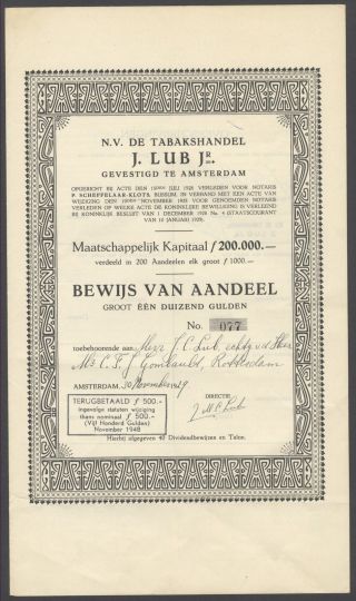 Netherlands 1929 Bond With Coupons J.  Lub Jr Tabakshandel Amsterdam.  R4027 photo