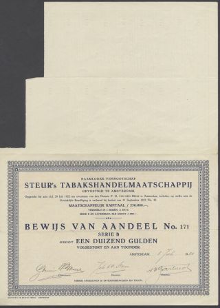 Netherlands 1924 Tobacco Bond With Coupons Steur ' S Tabakshandel Amsterdam.  R3344 photo