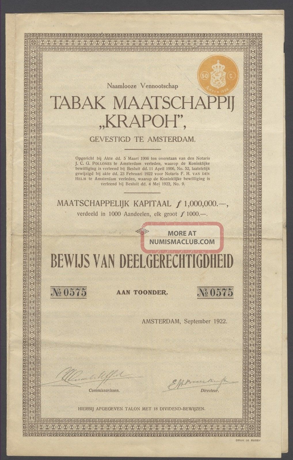 Netherlands 1922 Bond With Coupons Tabak 