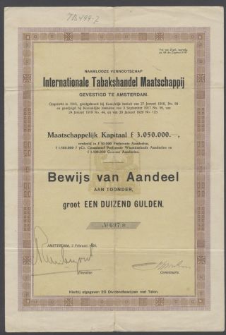 Netherlands 1920 Bond With Coupons International Tabakshandel Amsterdam.  R4010 photo