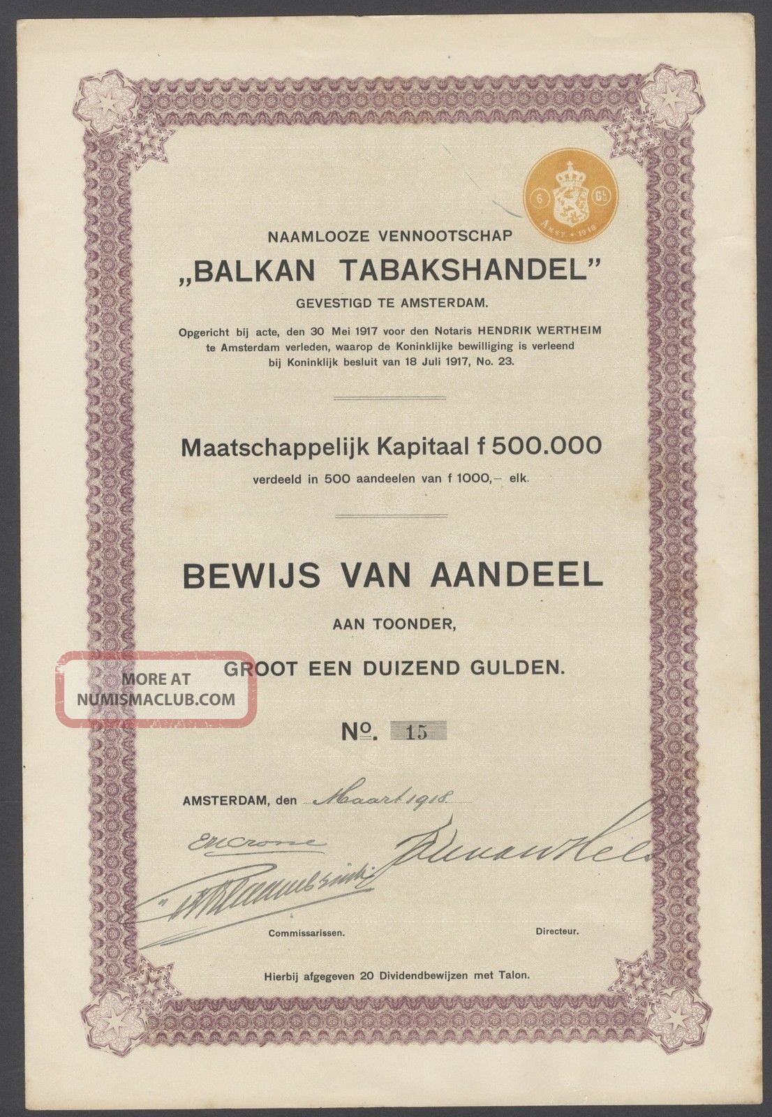 Netherlands 1918 Bond With Coupons Balkan Tabaks Handel Amsterdam. .  R4017 World photo