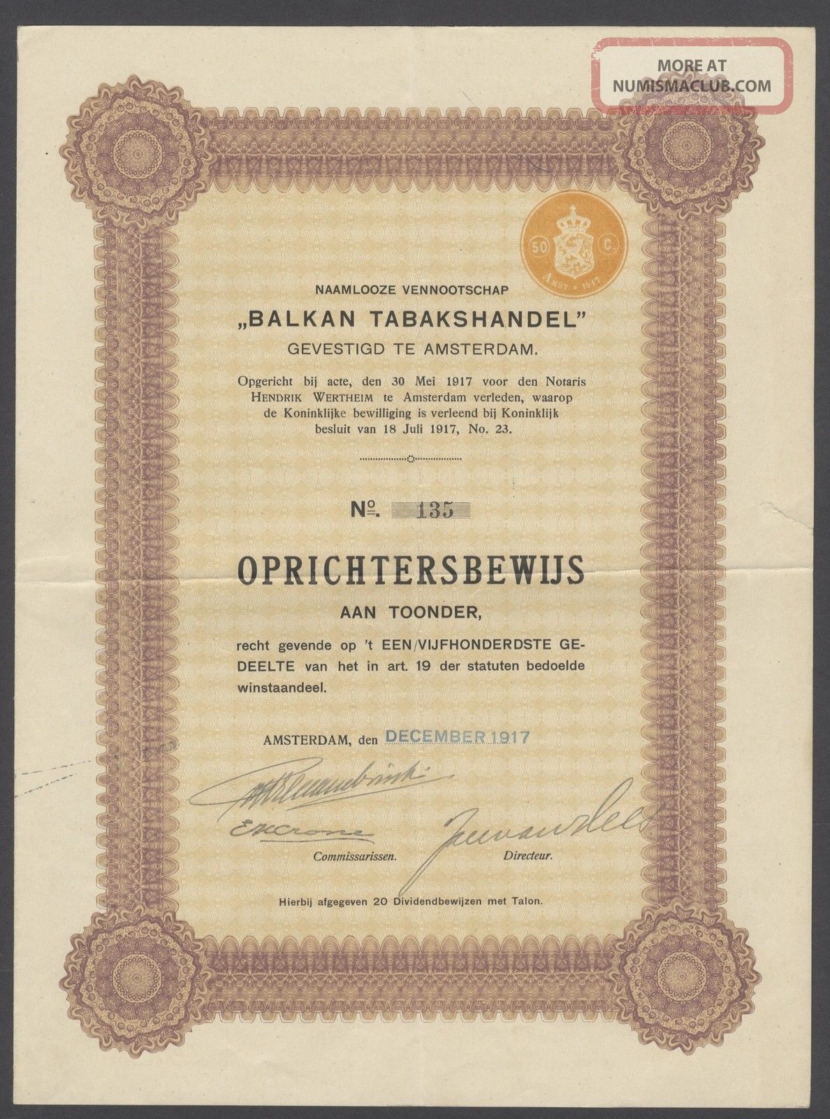Netherlands 1917 Bond With Coupons Balkan Tabaks Handel Amsterdam. .  R4016 World photo