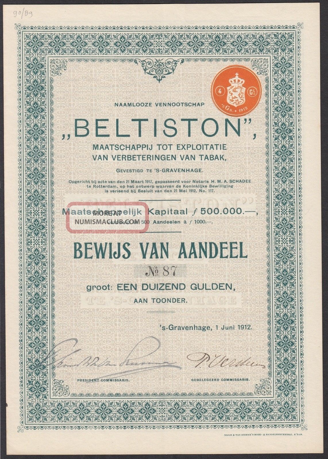Netherlands 1912 Bond With Coupons Beltiston Tabak Expl.  St - Gravenhage.  R4020 World photo