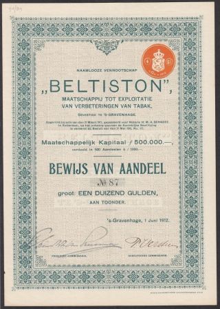 Netherlands 1912 Bond With Coupons Beltiston Tabak Expl.  St - Gravenhage.  R4020 photo