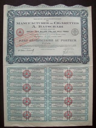 France 1924 Bond With Coupons Cigarettes A.  Batschari - Tabac Tobacco.  R4066 photo