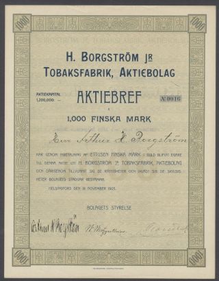 Finland 1903 Ornate Bond Certificate H.  Borgstrom Jr Tobaksfabrik Tobacco.  R4063 photo