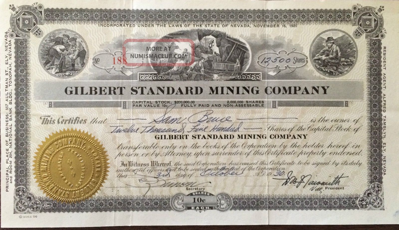 1930 Gilbert Standard Mining Co.  [gold] 12,  500 Shares; Ely Nevada Stocks & Bonds, Scripophily photo