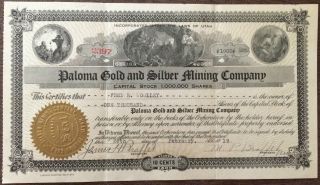 1919 Paloma Gold & Silver Mining Company - 1,  000 Shares - Salt Lake City,  Utah photo