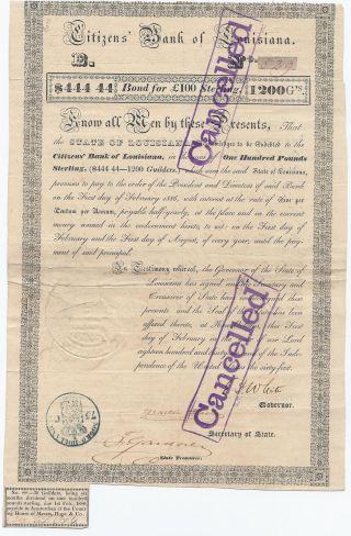 Citizens’ Bank Of Louisiana $444 44 / 100 Sterling Bond,  1836 photo